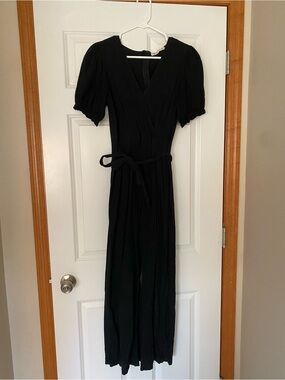 Classic Black Wrap Jumpsuit with Puff Sleeves
